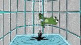 a frog is taking a shower in a tiled room