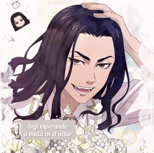 a cartoon of a man with long black hair and the words " baji esperando a matu en el altar " on the bottom