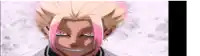 a close up of a anime character with pink hair and red eyes .