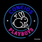 a logo for conejos play with a rabbit and a microphone