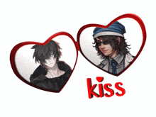 a couple of hearts with the word kiss on them