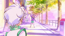 a cartoon drawing of a boy and a girl standing on a sidewalk with trees in the background