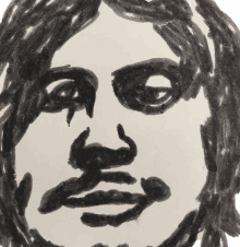 a black and white drawing of a person 's face with long hair