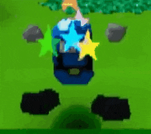 a cartoon character is standing in the grass with stars coming out of it