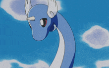 a blue and white cartoon character with wings and horns