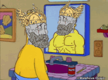 a cartoon of a man with a beard looking in a mirror