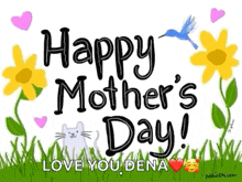 a happy mother 's day greeting card with flowers , hearts and a cat .