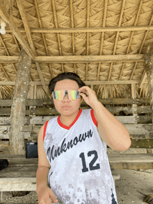 a man wearing sunglasses and a unknown jersey