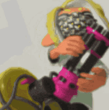 a cartoon character holding a pink and black object