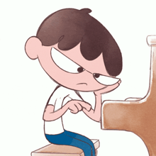 a cartoon of a boy sitting at a piano with an angry look on his face