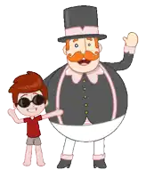 a boy wearing sunglasses stands next to a cartoon character