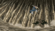 a man in a blue dress is flying through the air while a monster with wings looks on