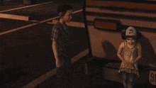 a boy and a girl are standing next to each other in a video game and one of them is asking the other " oh and then "