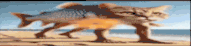 two cats are standing next to each other on a beach holding a fish .