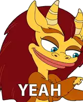 a cartoon character with horns and the word yeah in white letters