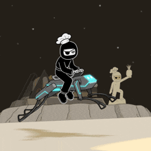 a cartoon of a ninja riding a motorcycle with a chef hat on
