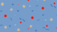 a blue background with a pattern of red , yellow , and blue circles and squares .