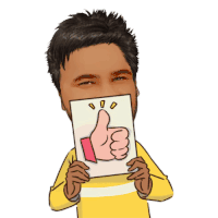 a man in a yellow shirt is holding up a thumbs up sign