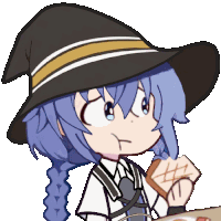 a cartoon girl with blue hair wearing a witch hat is eating a piece of bread .