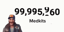a man with a mustache is dancing in front of a sign that says medkits .