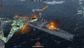 a helicopter is flying over a uss belleauag