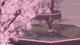 a cherry blossom tree with pink flowers is surrounded by greenery