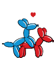 a blue and red balloon dog with a heart above them