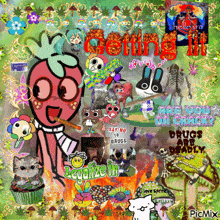 a collage of cartoon characters including a strawberry smoking a cigarette