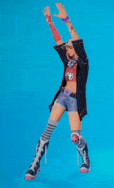 a woman in shorts and knee high socks is dancing in a video game .