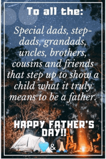 a happy father 's day message with a picture of a tent in the background