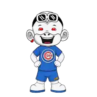 a cartoon character wearing a blue cubs shirt and shorts