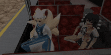 two anime characters are sitting next to each other in a dark room