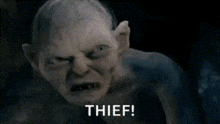 a picture of a monster with the word thief in white letters