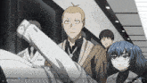 a group of anime characters are standing in a hallway with a pause button on the bottom right corner