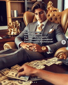 a man in a suit and tie is sitting in a chair with a pile of money on the table
