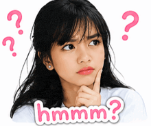 a girl with a question mark behind her and the words hmm