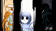 three cartoon characters are standing next to each other and the letters jk are on the bottom left