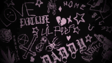 a purple bird is flying in front of a black background with drawings and the word " forever "