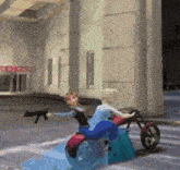 a couple of dolls are riding a motorcycle in a parking lot .