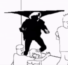 a black and white drawing of a group of people standing around a table with a man standing in the middle .
