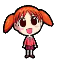 a pixel art drawing of a little girl with red hair and pigtails standing on a white background .