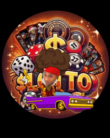 a cartoon of a man in a purple car with the word lotto in the middle