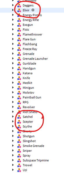 a list of different types of weapons with a red circle around the word shotgun