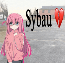 a girl with pink hair is standing in front of sybau
