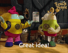 two cartoon characters standing next to each other with the words great idea written below them