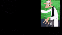 perry the platypus from phineas and ferb is sitting down with his mouth open and his hands outstretched .