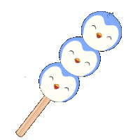 three blue and white penguins on a stick with a wooden stick