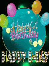 a happy birthday card with balloons and stars