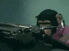 a chimpanzee wearing a pink shirt is playing a piano