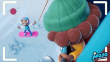 a cartoon of a person riding a snowboard with the word mojo on the bottom left